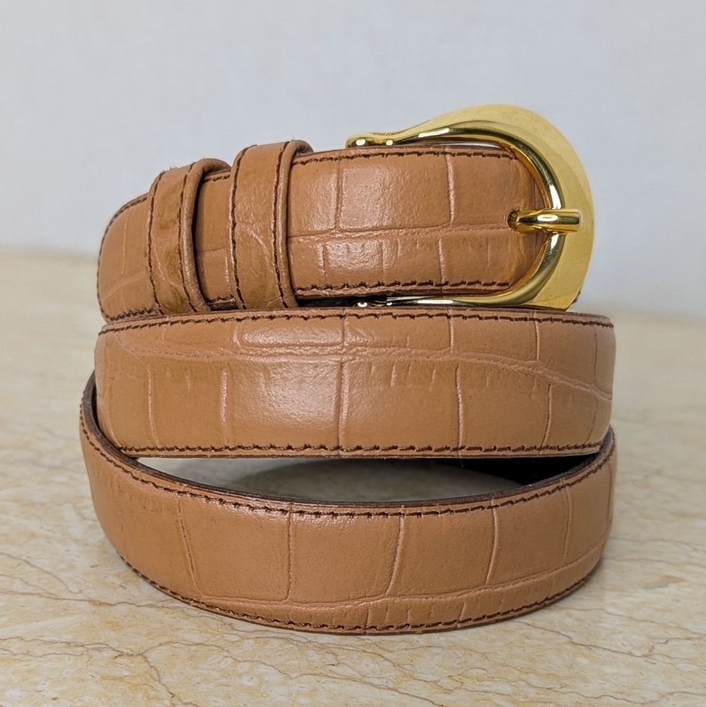 Vintage Lemie Genuine Leather Tan Embossed Gator Italian Belt Gold Tone Buckle - Picture 14 of 14